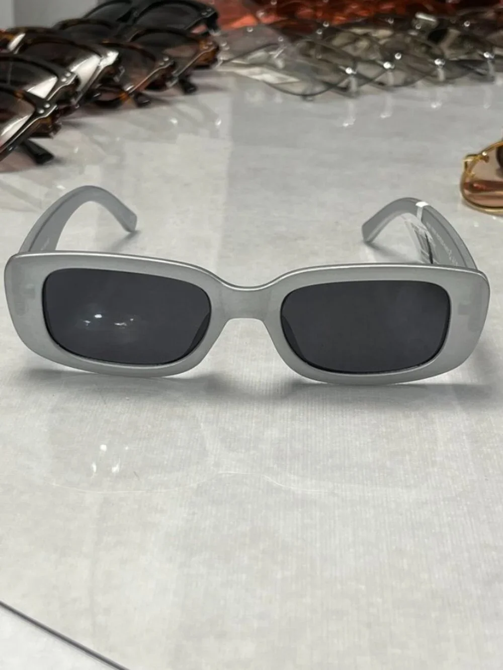 AIRE Ceres Rectangular Sunglasses Matte Silver Gray Frame Black Lenses NWT